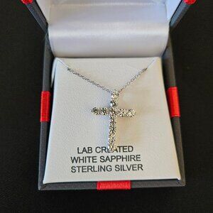 Sterling Silver NWT Lab Created White Sapphire Cross on 18" chain